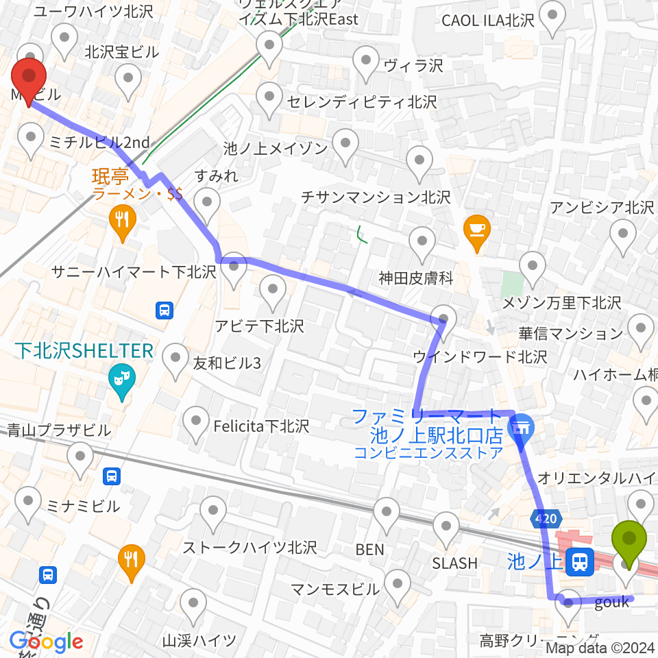 池ノ上駅から下北沢ムムリック・マーフィーへのルートマップ地図