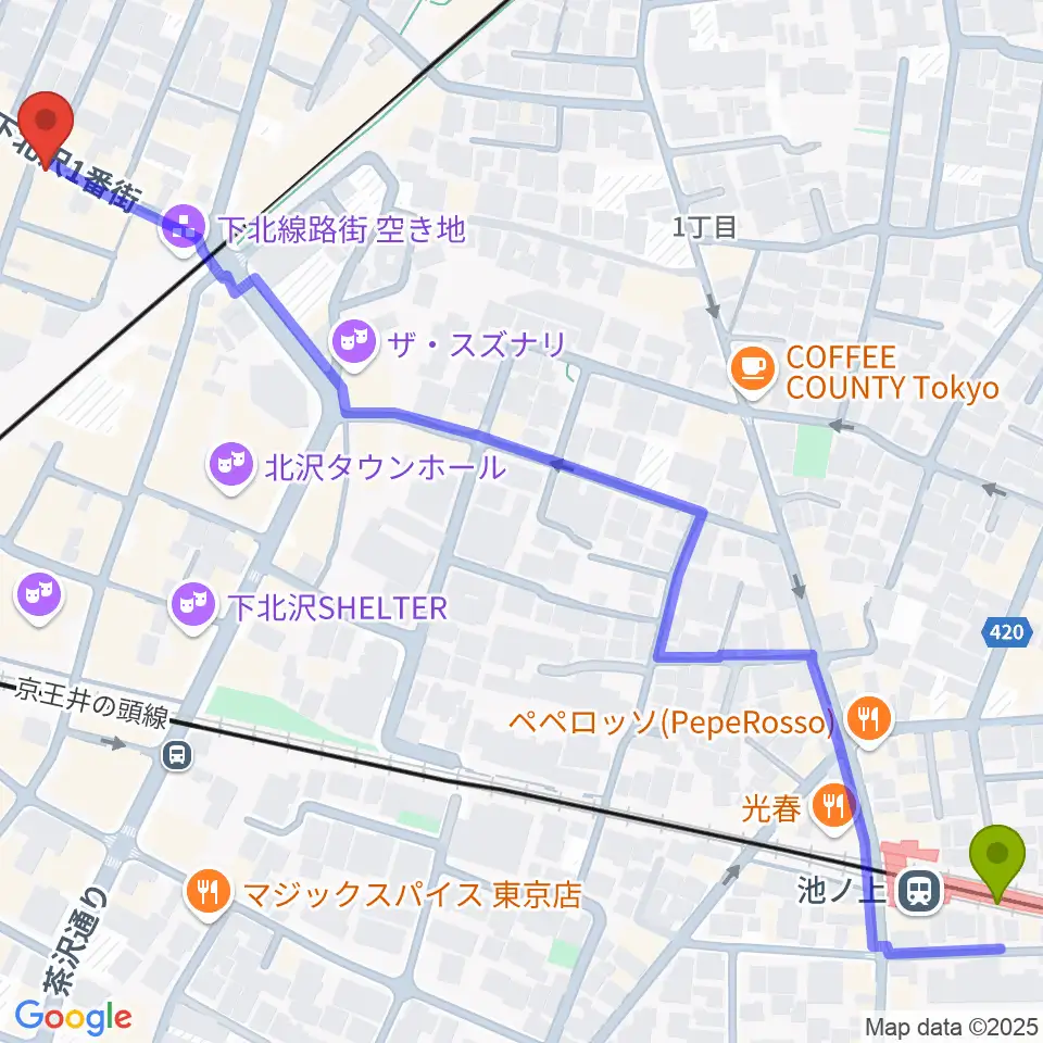池ノ上駅から下北沢ムムリック・マーフィーへのルートマップ地図