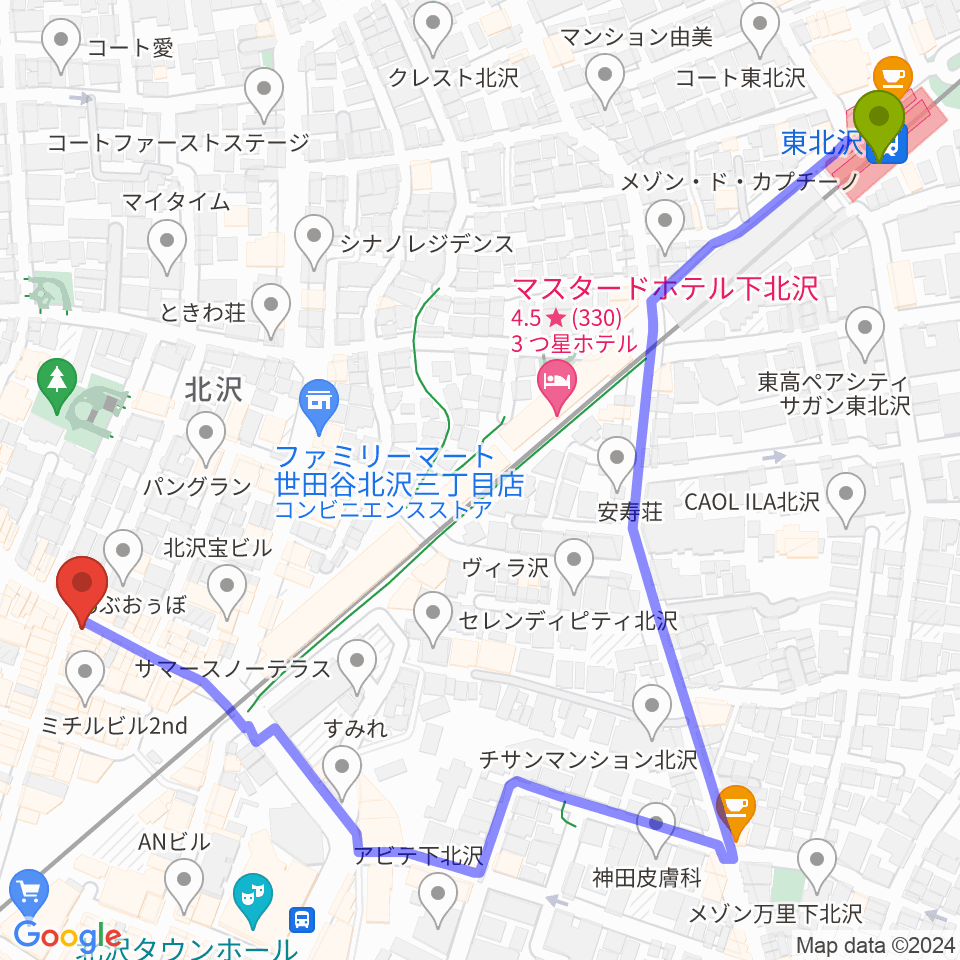 東北沢駅から下北沢ムムリック・マーフィーへのルートマップ地図