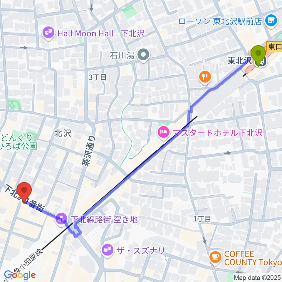 東北沢駅から下北沢ムムリック・マーフィーへのルートマップ地図