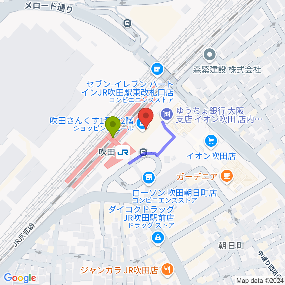 さんくすホールの最寄駅吹田駅からの徒歩ルート（約1分）地図