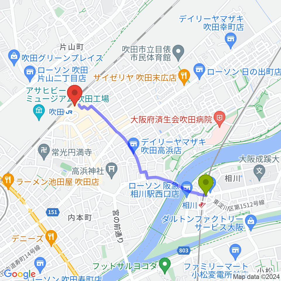 相川駅からさんくすホールへのルートマップ地図