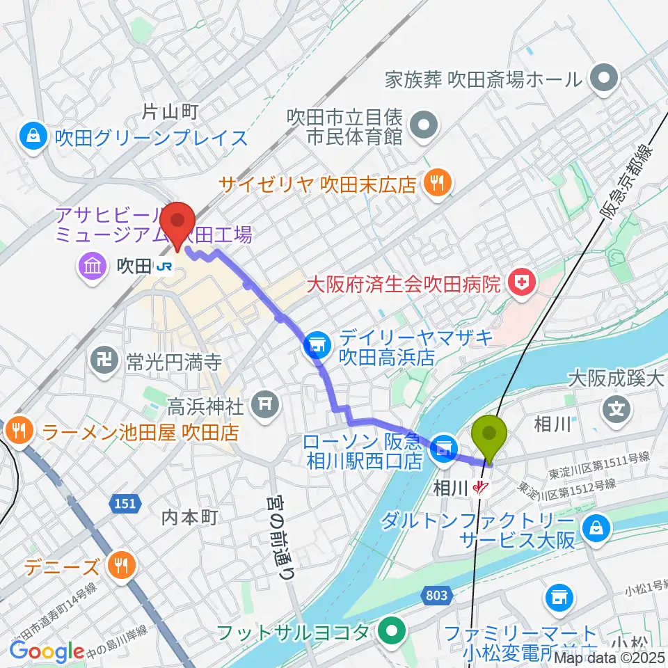 相川駅からさんくすホールへのルートマップ地図