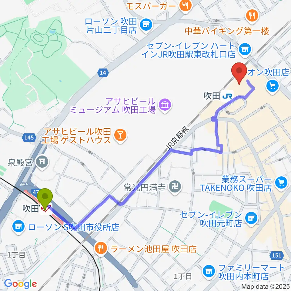 吹田駅からさんくすホールへのルートマップ地図