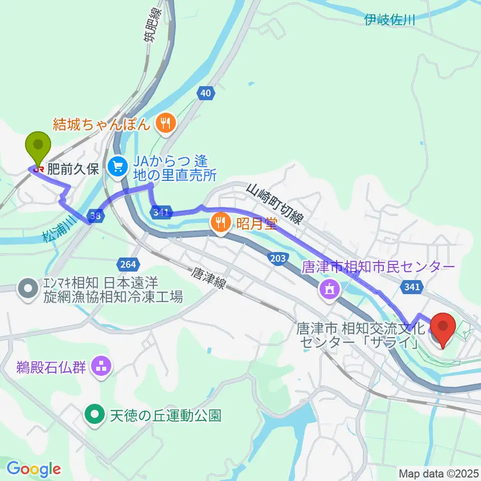 肥前久保駅から相知交流文化センターへのルートマップ地図
