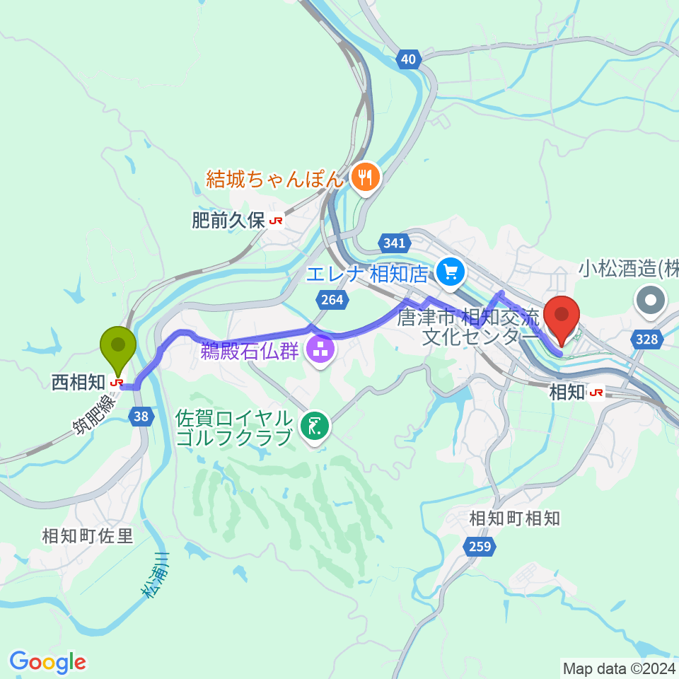 西相知駅から相知交流文化センターへのルートマップ地図