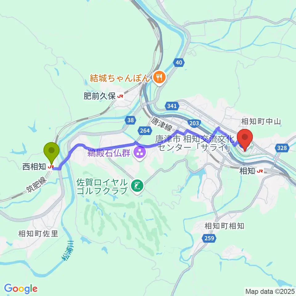 西相知駅から相知交流文化センターへのルートマップ地図