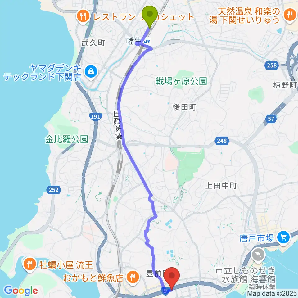 幡生駅から下関市生涯学習プラザ ドリームシップへのルートマップ地図