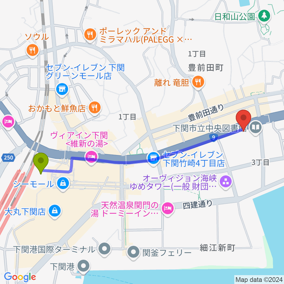 下関市生涯学習プラザ ドリームシップの最寄駅下関駅からの徒歩ルート（約12分）地図