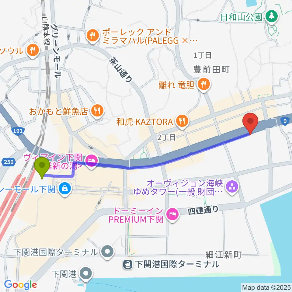 下関市生涯学習プラザ ドリームシップの最寄駅下関駅からの徒歩ルート（約12分）地図