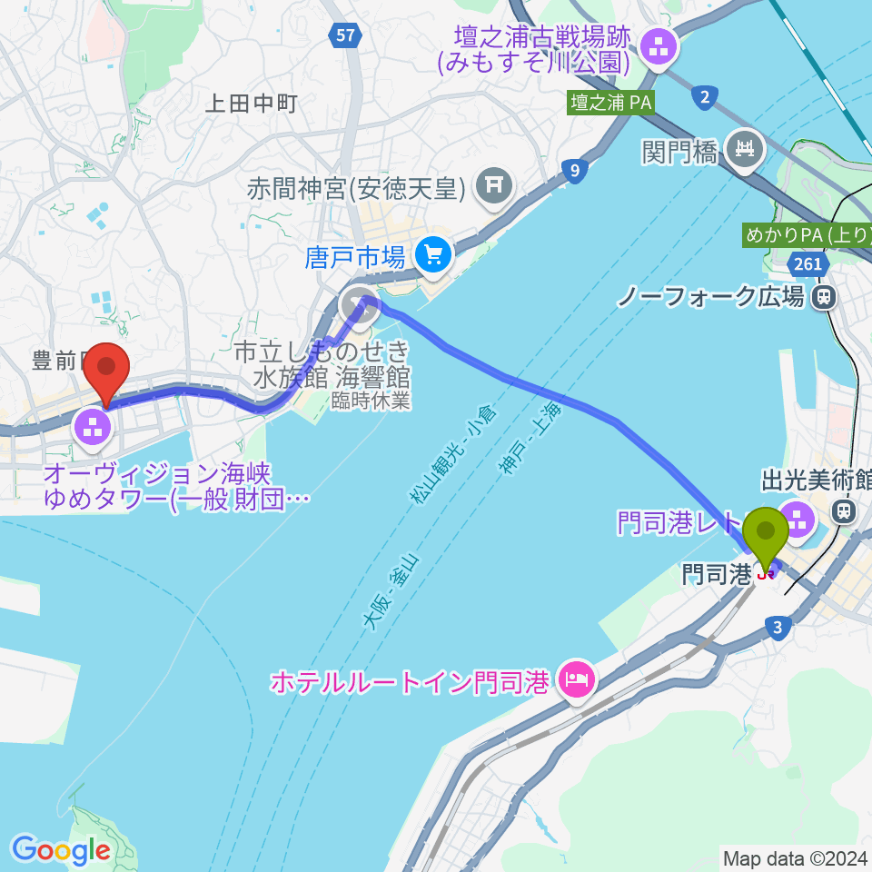 門司港駅から下関市生涯学習プラザ ドリームシップへのルートマップ地図