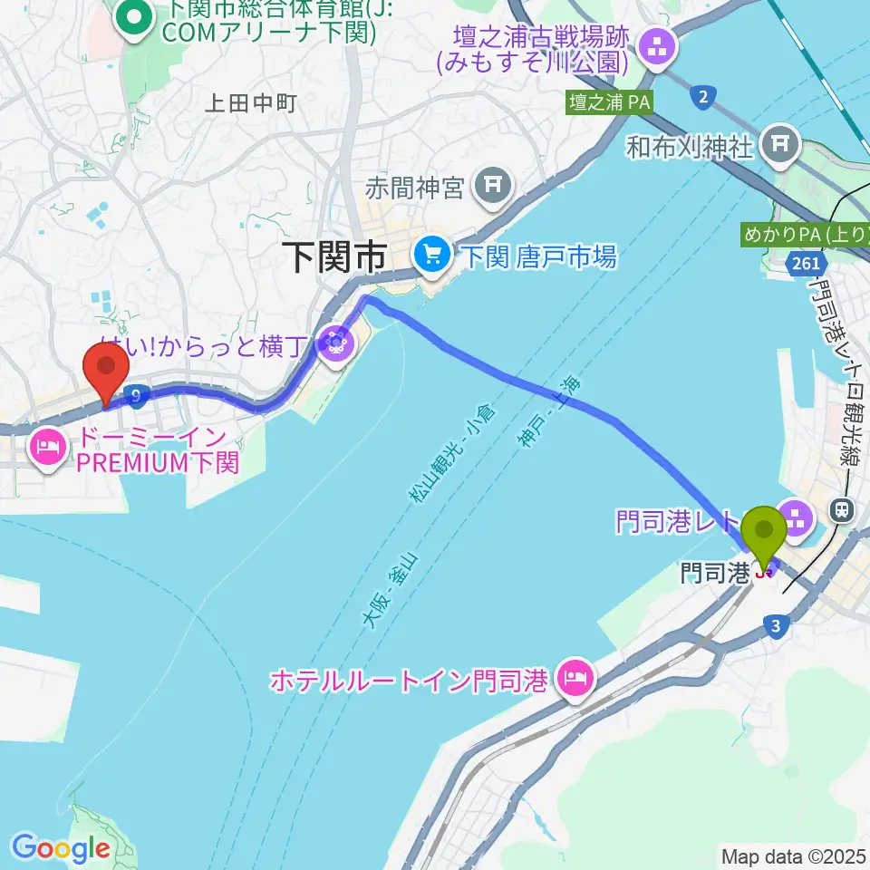 門司港駅から下関市生涯学習プラザ ドリームシップへのルートマップ地図