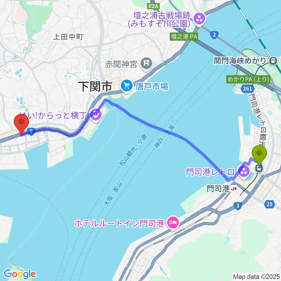 出光美術館駅から下関市生涯学習プラザ ドリームシップへのルートマップ地図