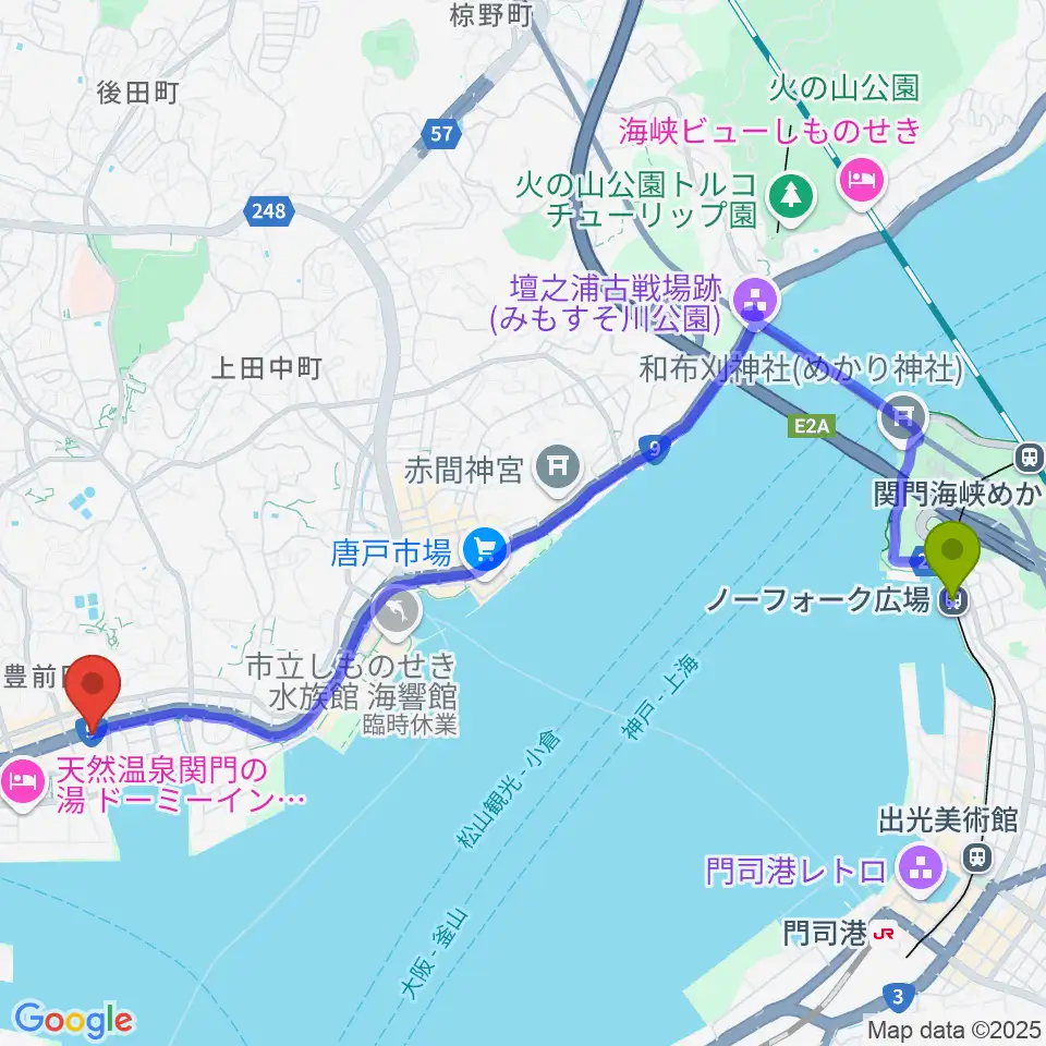 ノーフォーク広場駅から下関市生涯学習プラザ ドリームシップへのルートマップ地図