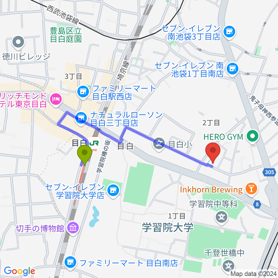 目白駅からバードランド Birdland Guitarsへのルートマップ地図