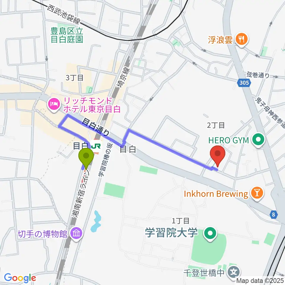 目白駅からBirdland Guitarsへのルートマップ地図