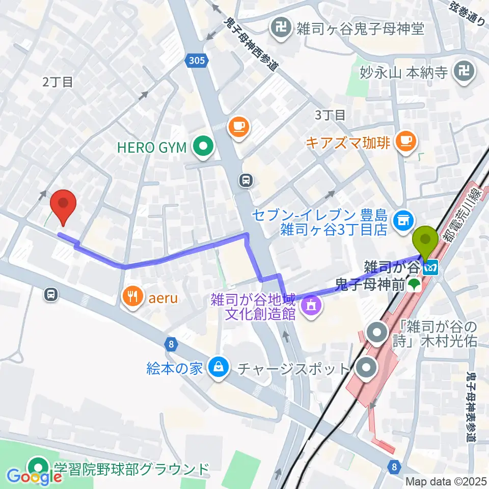 Birdland Guitarsの最寄駅雑司が谷駅からの徒歩ルート（約6分）地図