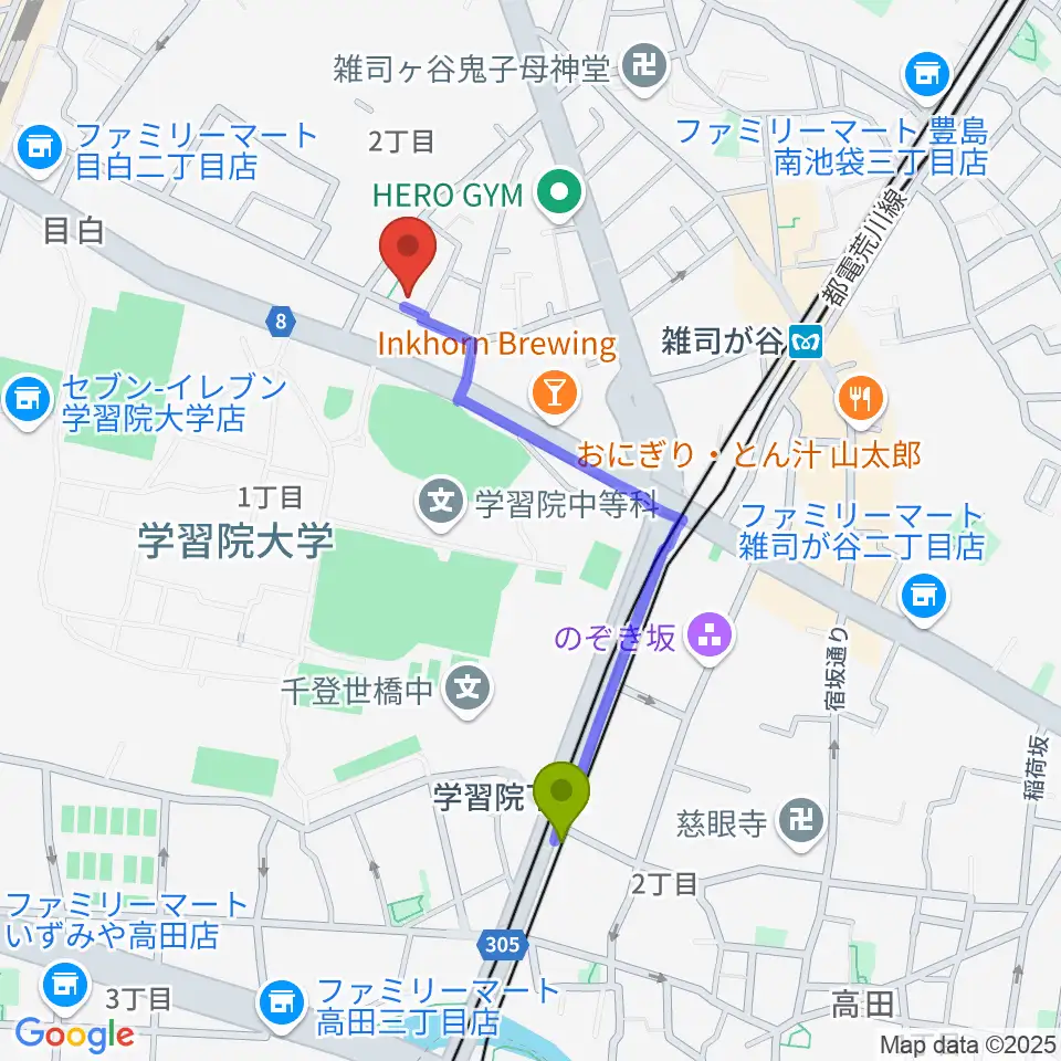 学習院下駅からバードランド Birdland Guitarsへのルートマップ地図