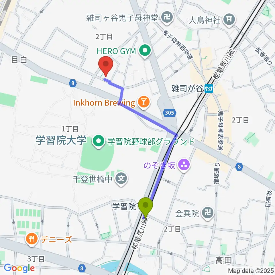 学習院下駅からBirdland Guitarsへのルートマップ地図