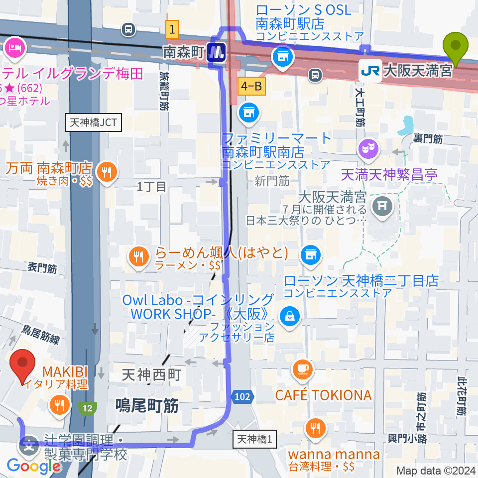 大阪天満宮駅からヒビキミュージックサロン リーヴズへのルートマップ地図