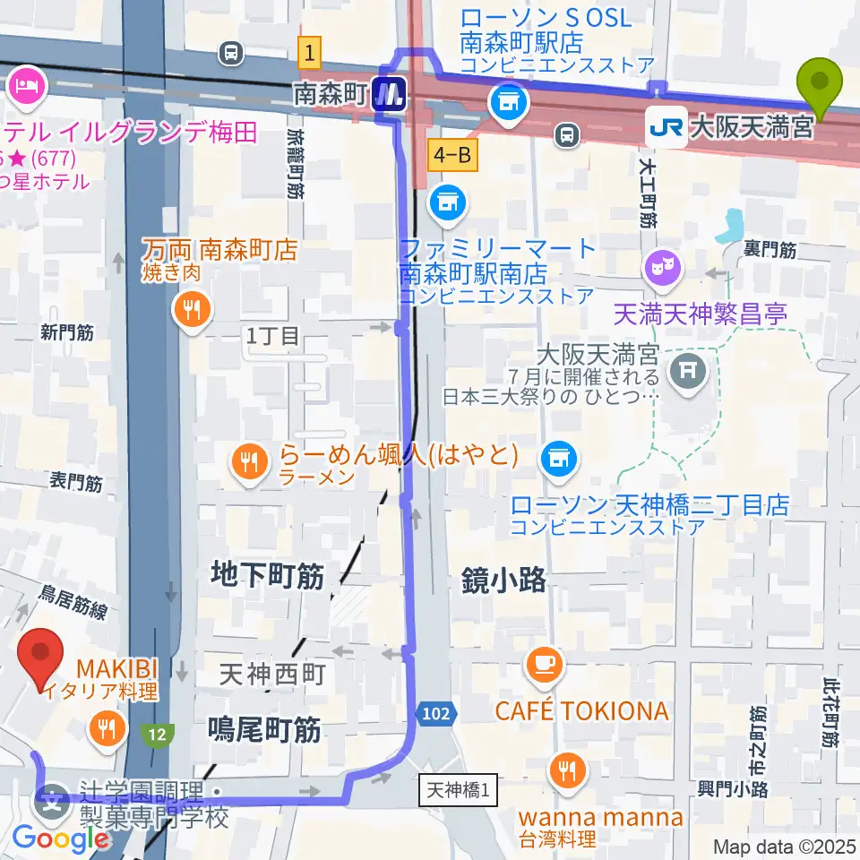 大阪天満宮駅からヒビキミュージックサロン リーヴズへのルートマップ地図