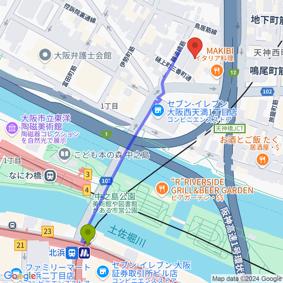 ヒビキミュージックサロン リーヴズの最寄駅北浜駅からの徒歩ルート（約6分）地図