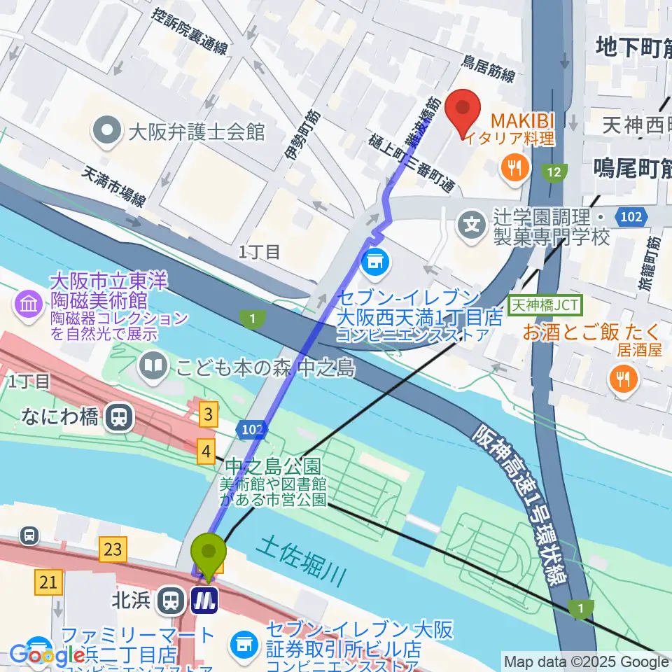 ヒビキミュージックサロン リーヴズの最寄駅北浜駅からの徒歩ルート（約6分）地図