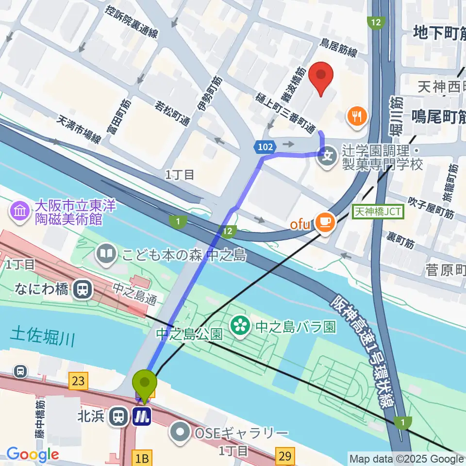 ヒビキミュージックサロン リーヴズの最寄駅北浜駅からの徒歩ルート（約6分）地図