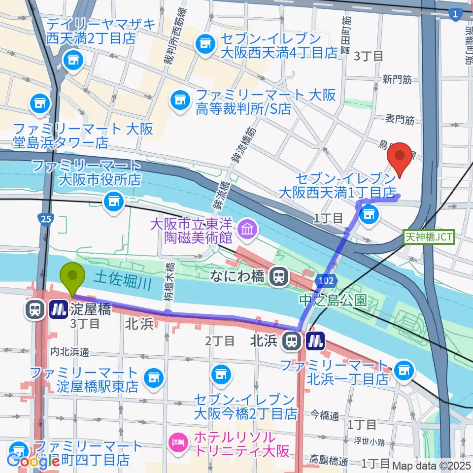 淀屋橋駅からヒビキミュージックサロン リーヴズへのルートマップ地図