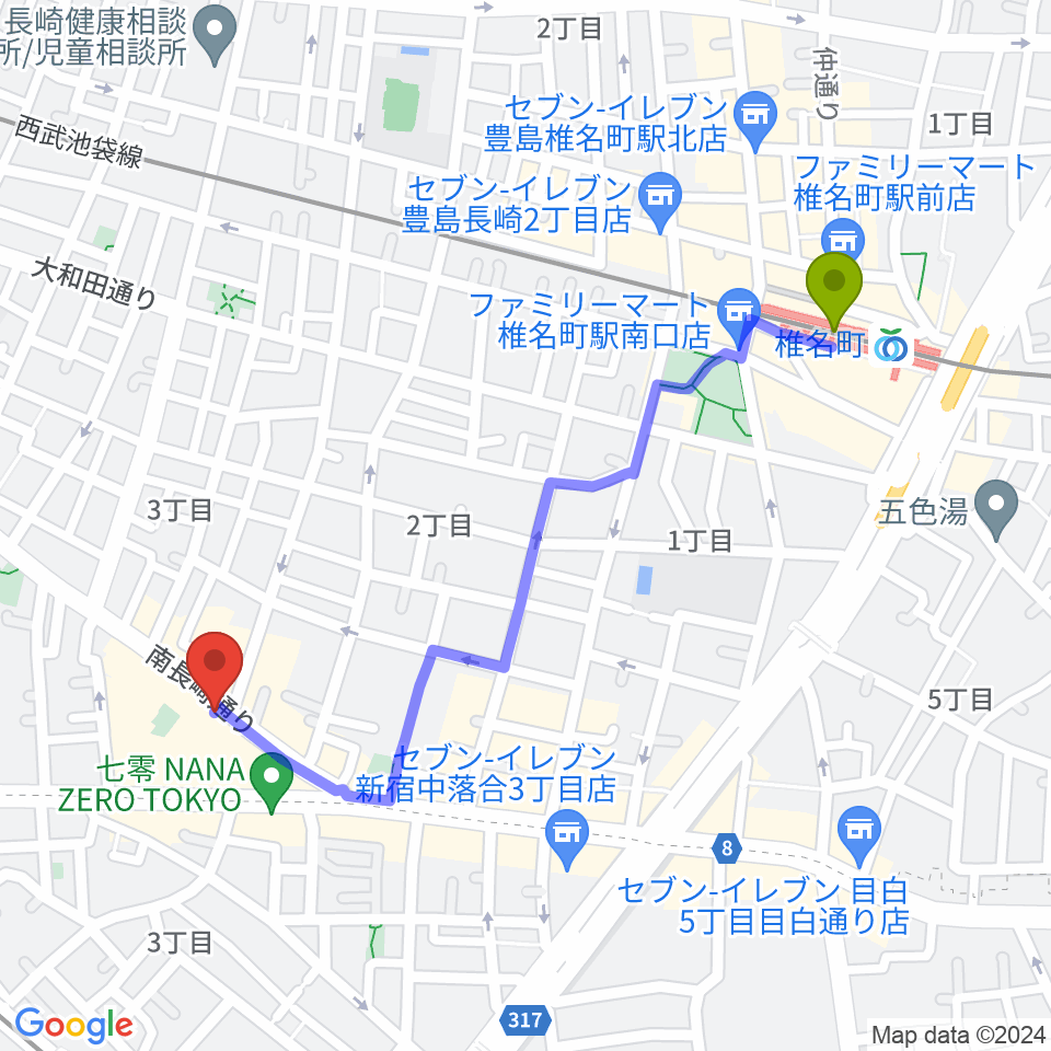 椎名町駅から落合南長崎クラフトマンスタジオへのルートマップ地図