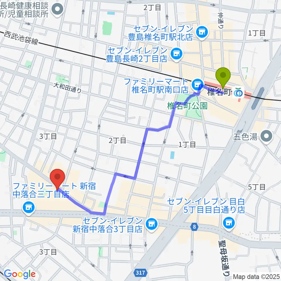 椎名町駅から落合南長崎クラフトマンスタジオへのルートマップ地図