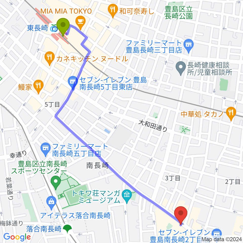東長崎駅から落合南長崎クラフトマンスタジオへのルートマップ地図