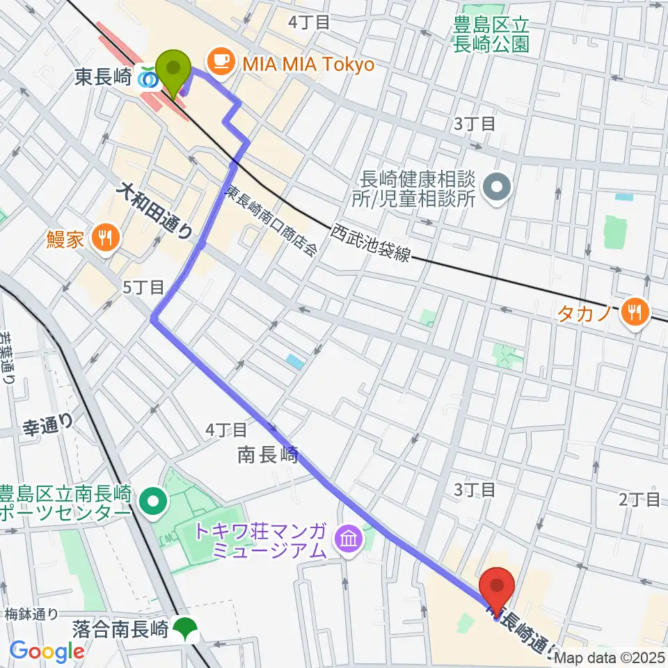 東長崎駅から落合南長崎クラフトマンスタジオへのルートマップ地図