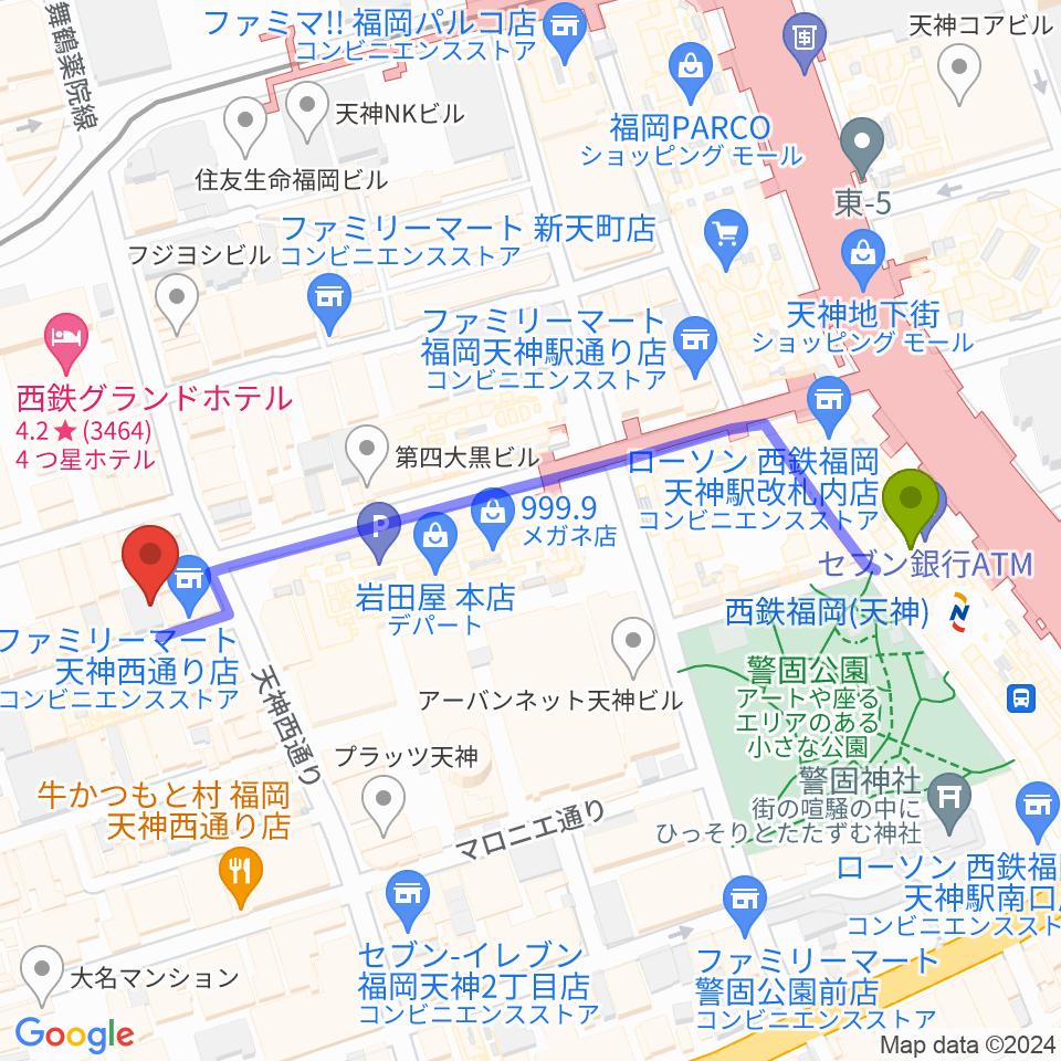 大名SQUARE GARDENの最寄駅西鉄福岡（天神）駅からの徒歩ルート（約6分）地図