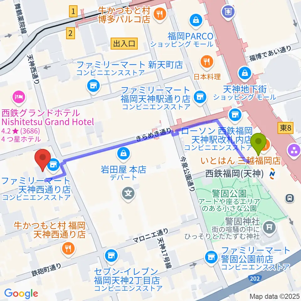 大名SQUARE GARDENの最寄駅西鉄福岡（天神）駅からの徒歩ルート（約6分）地図