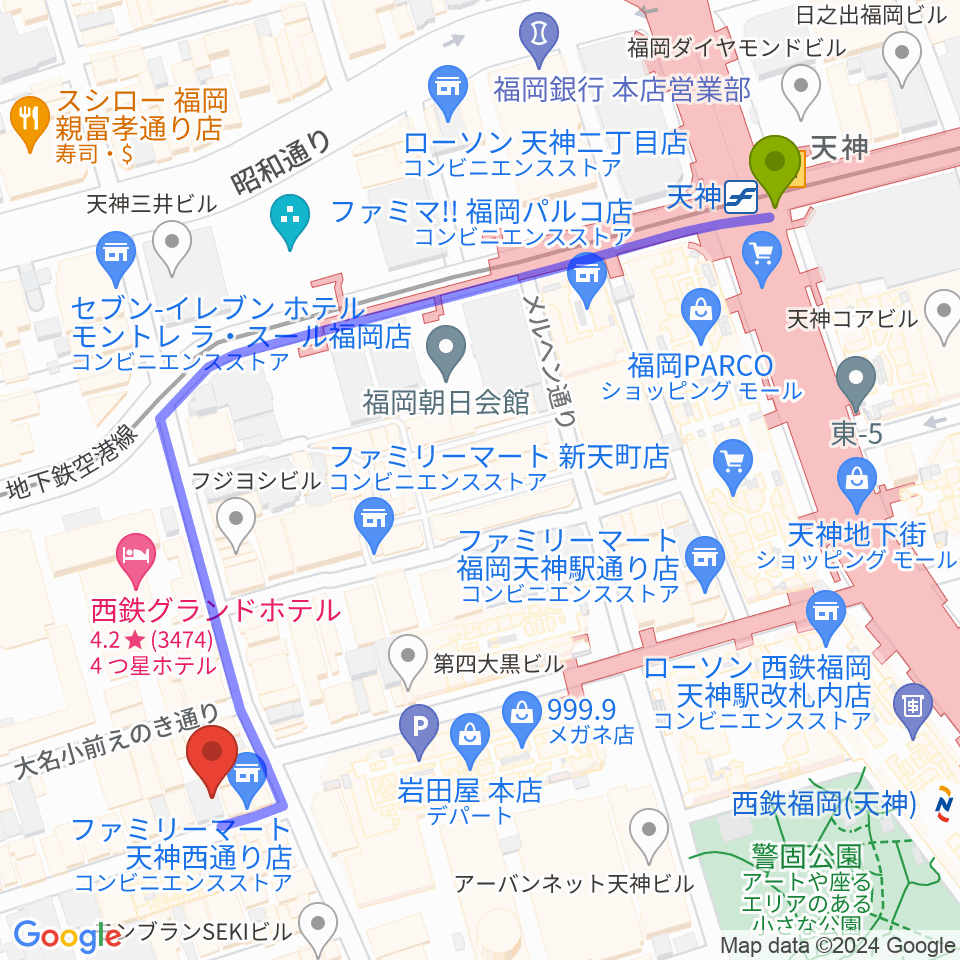 天神駅から大名SQUARE GARDENへのルートマップ地図