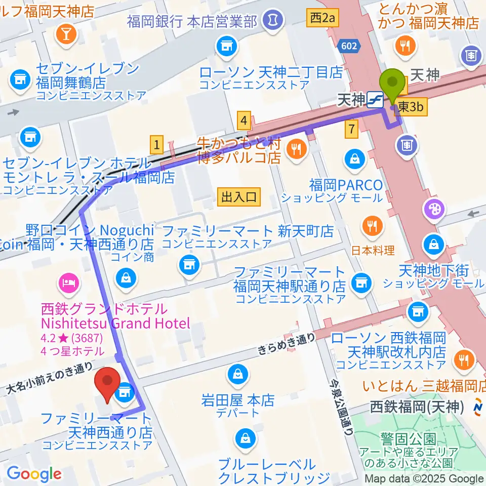天神駅から大名SQUARE GARDENへのルートマップ地図