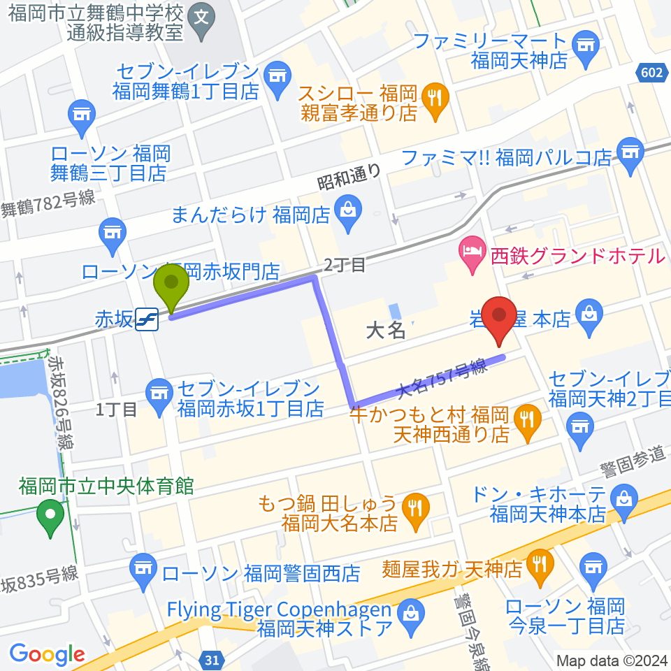 赤坂駅から大名SQUARE GARDENへのルートマップ地図