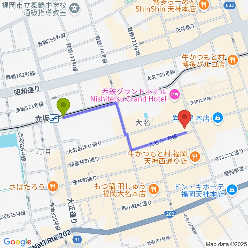 赤坂駅から大名SQUARE GARDENへのルートマップ地図