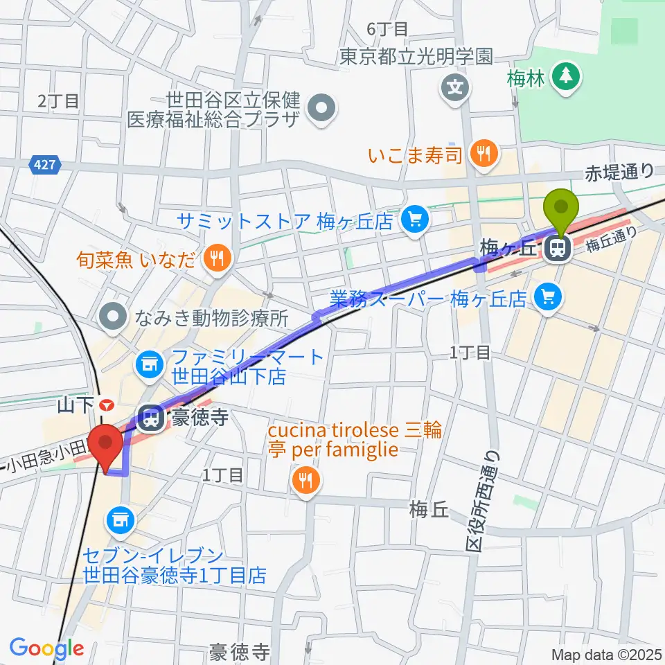 梅ヶ丘駅からLeaf room 豪徳寺へのルートマップ地図