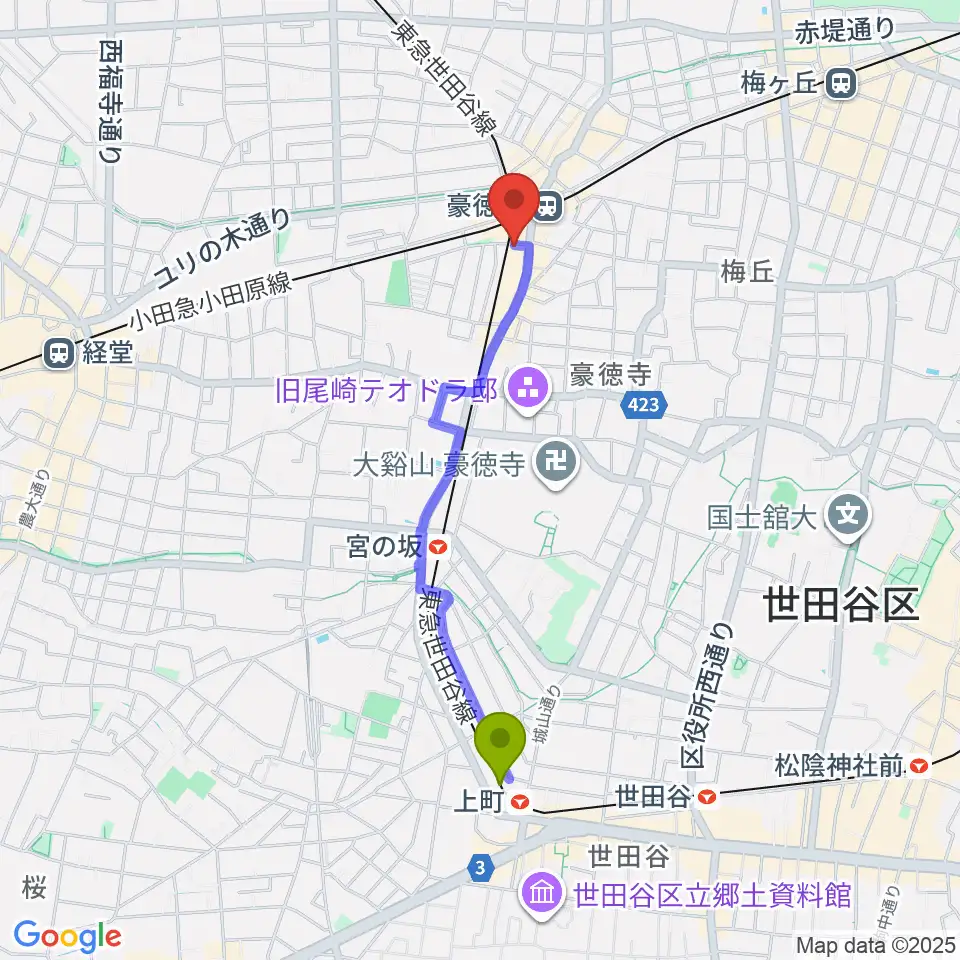 上町駅からLeaf room 豪徳寺へのルートマップ地図