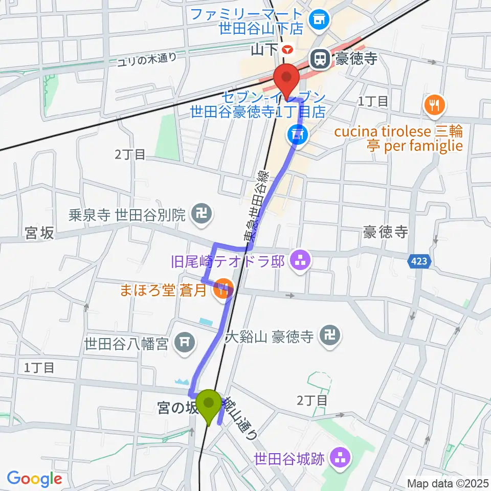 宮の坂駅からLeaf room 豪徳寺へのルートマップ地図