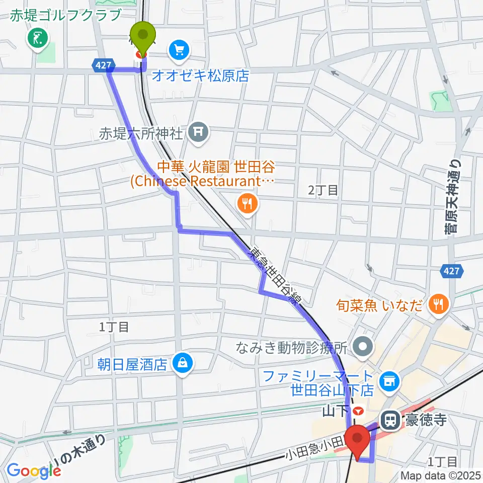 松原駅からLeaf room 豪徳寺へのルートマップ地図