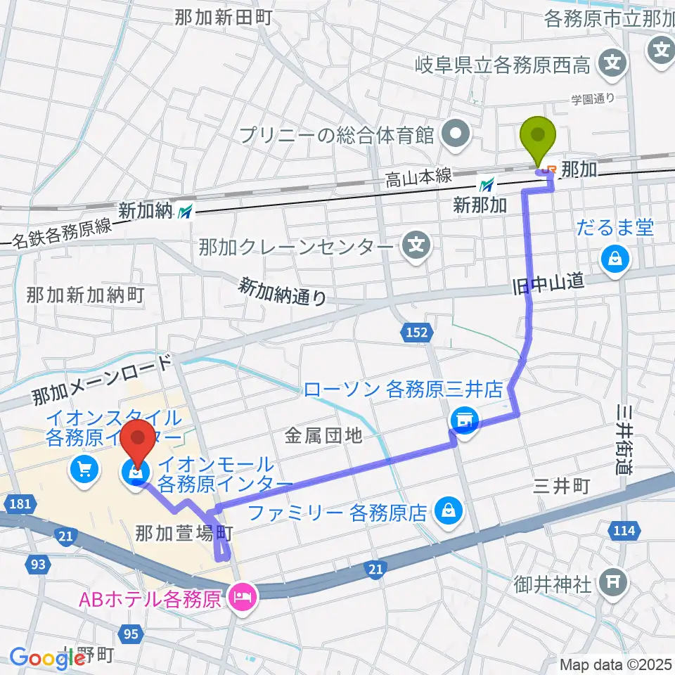 那加駅からロッキン岐阜店へのルートマップ地図