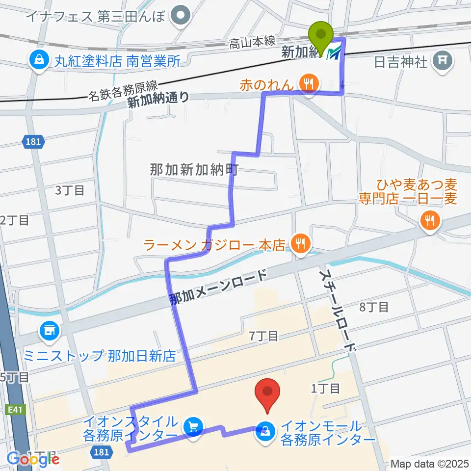 ロッキン岐阜店の最寄駅新加納駅からの徒歩ルート（約12分）地図