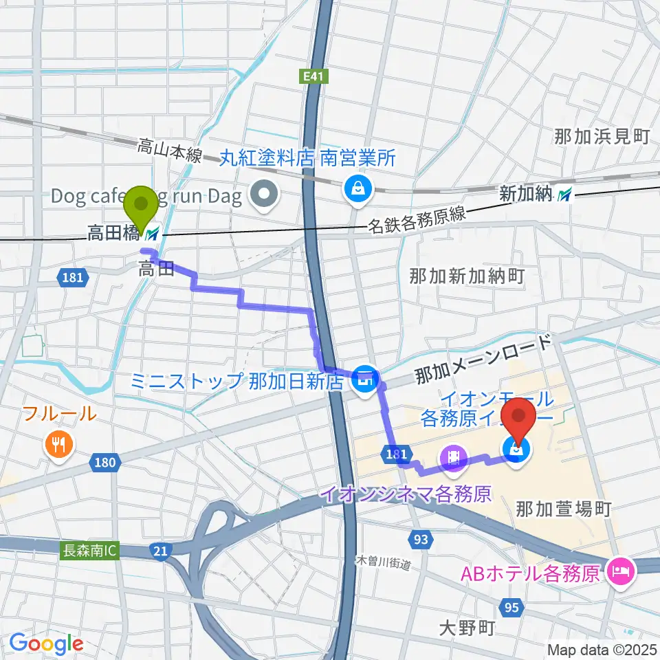 高田橋駅からロッキン岐阜店へのルートマップ地図