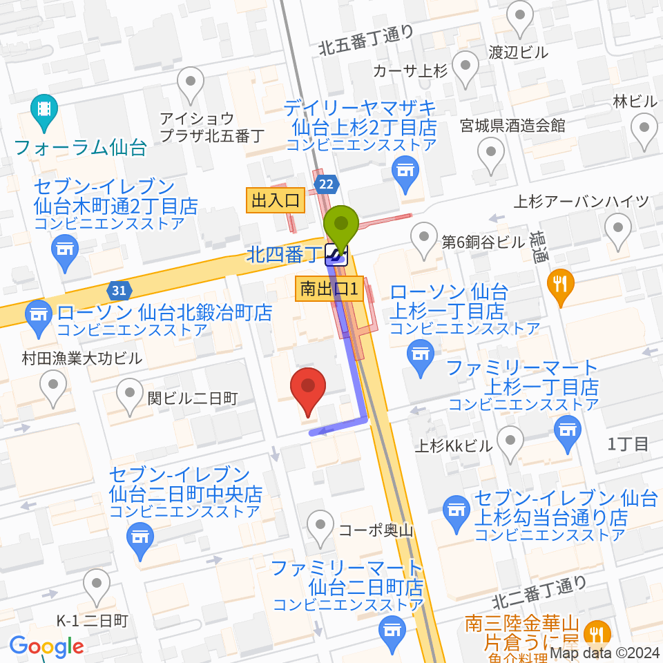 松尾弦楽器 仙台店の最寄駅北四番丁駅からの徒歩ルート（約2分）地図