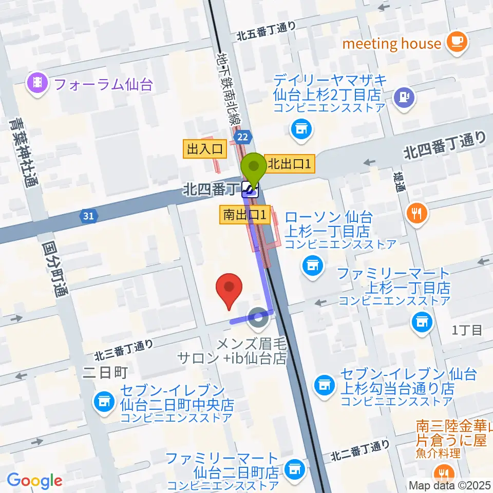 松尾弦楽器 仙台店の最寄駅北四番丁駅からの徒歩ルート（約2分）地図