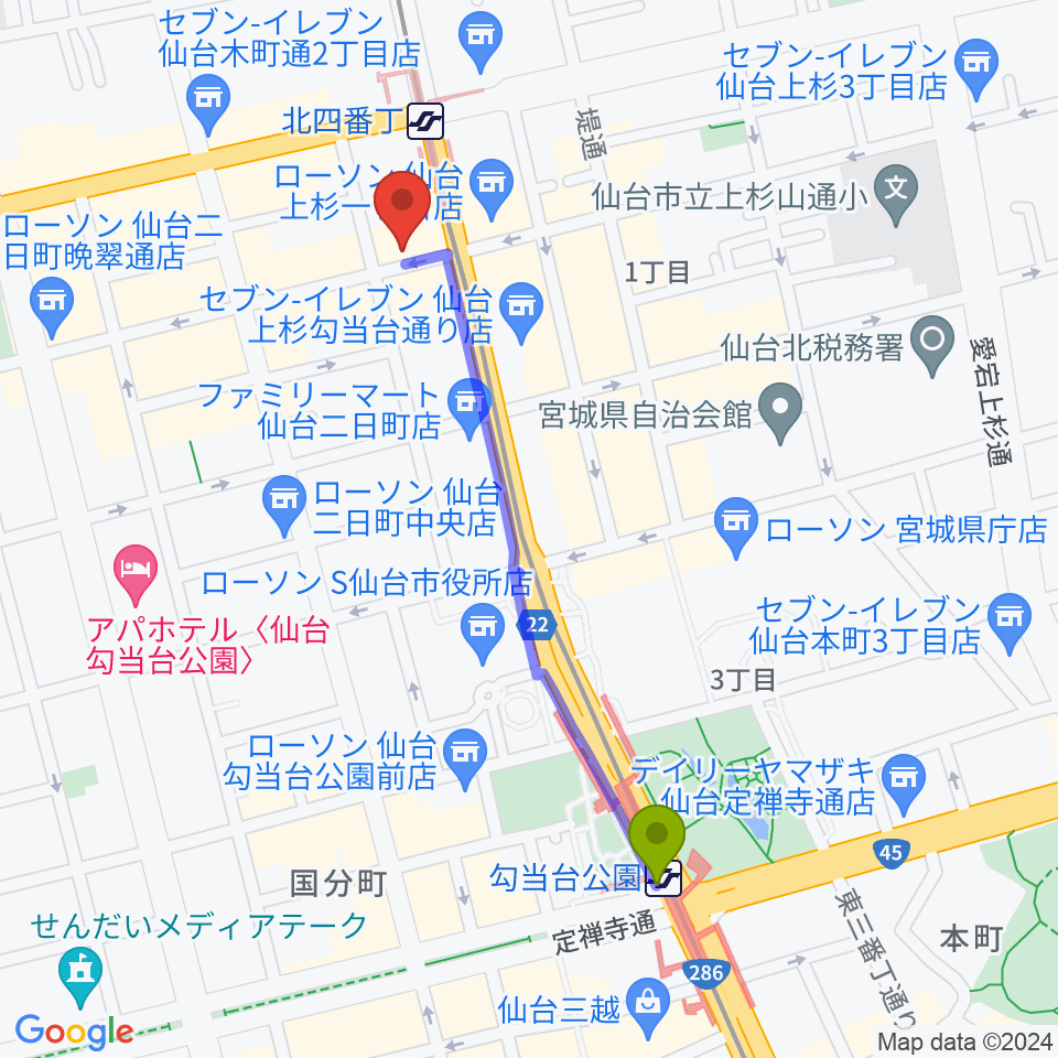 勾当台公園駅から松尾弦楽器 仙台店へのルートマップ地図