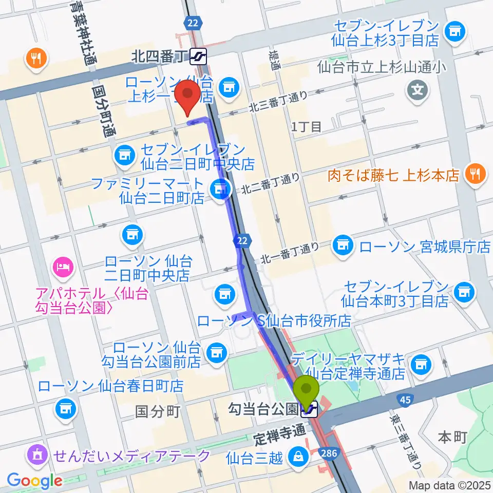 勾当台公園駅から松尾弦楽器 仙台店へのルートマップ地図